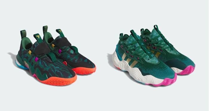 Side view of Trae Young's Olympic-themed adidas shoes.